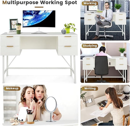 Tangkula White Desk with 4 Drawers, 48 Inch Home Office Desk with Storage, Modern Computer Desk Study Writing Desk with Metal Frame for Bedroom, Study, Office