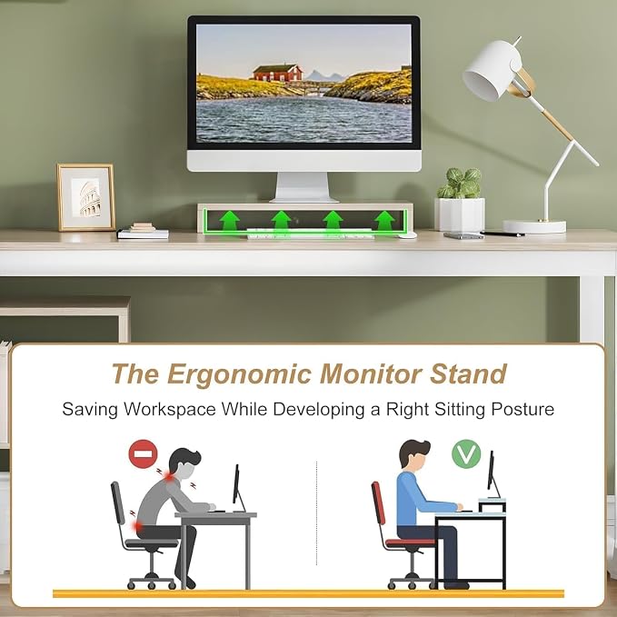 MaverickFurni 55" L Shaped Desk with Drawers and Shelves, Home Office Desk with Monitor Stand for Work Writing Study, Reversible Corner Desk with Storage, White and Walnut