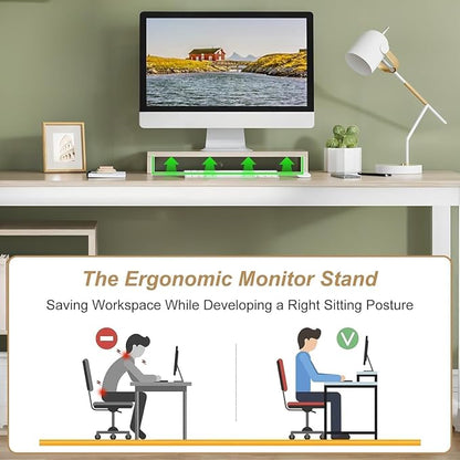 MaverickFurni 55" L Shaped Desk with Drawers and Shelves, Home Office Desk with Monitor Stand for Work Writing Study, Reversible Corner Desk with Storage, White and Walnut