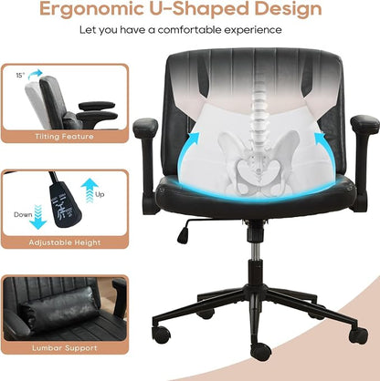 IPKIG Criss Cross Chair with Adjustable Flip-up Arms, Vanity Chair with Wheels, Comfy Desk Chair with Lumbar Pillow Swivel Wide Office Chair for Home Office, Bedroom (PU Leather, Black)
