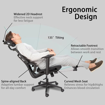 Ergonomic Office Chair with Footrest, Big & Tall, 4D Adjustable Armrests, Comfy Swivel Rolling Mesh Computer Desk Chair with Lumbar Support, Wheels for Office, Home, Gaming, S3 Elite Pro