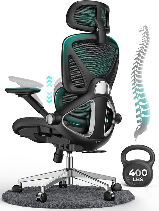 CAPOT Ergonomic Mesh Office Chair, Adjustable Lumbar High Back Desk Chair 400lbs, 4D Flip-up Arms, 3 Tilt Backrest, 3D Headrest, PU Wheels, Swivel Rolling Computer Chair for Long Desk Work - Black