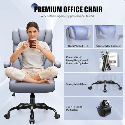 Primy Office Chair, Ergonomic Leather Desk Chair with Flip-up Armrests, Big and Tall High Back Executive Computer & Gaming Chair with Footrest, Comfy Padded, Rocking Function and Lumbar Support(Gray)
