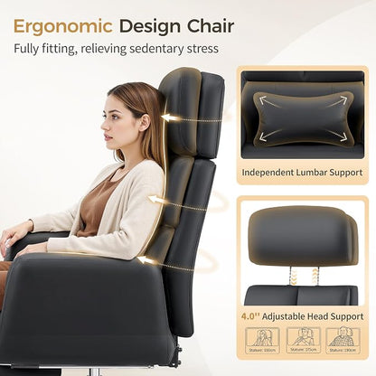 Big and Tall Office Chair 500LBS, Ergonomic High Back Leather Executive Chair, Reclining Swivel with Adjustable Armrests Lumbar Support Footrest, Cross Legged, Black