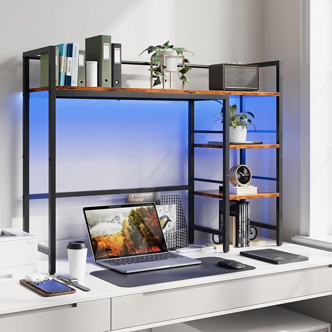 HavenlyYouth Desk Shelf with LED Light Strip, 3-Tier Storage Desktop Organizer Shelf, 38.6" Wood Desktop Bookshelf for Computer Monitor, Desk Hutch for Home Office Dorm, Rustic