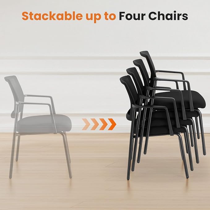 Mesh Back Stacking Arm Chairs, Office Reception Guest Chair with Upholstered Fabric Seat and Ergonomic Lumber Support, Sturdy Metal Office Chairs, Black-2pack
