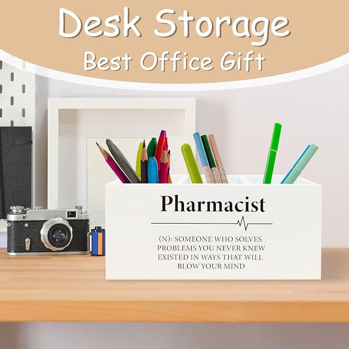 Pharmacist Gifts Pen Pencil Holder Organizer for Desk, Pharmacy School Students Graduation Gifts Wooden Box Block Sign for Office Home Tabletop Decor, Medical Gifts
