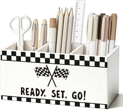 Race Car Kids Pen Pencil Holder for Desk, Race Car Room Decor, Ready Set Go Black Checkered Wooden Box Sign Decorations for Kids Boy Nursery Room Bedroom Playroom Desk Tabletop