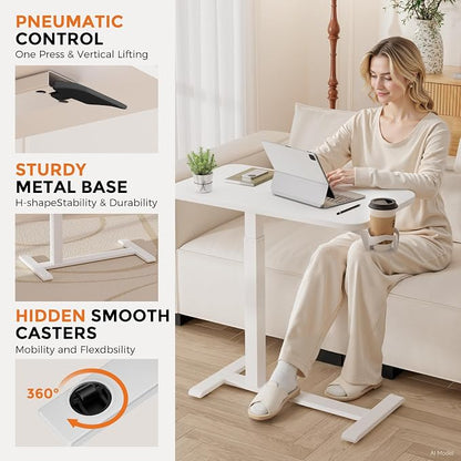 GTPLAYER Small Standing Desk with Hidden Wheels, Pneumatic Mobile Rolling Laptop Desk, Adjustable Height Overbed Bedside Table Computer Workstation for Home Office (32" W x 16" D, White)
