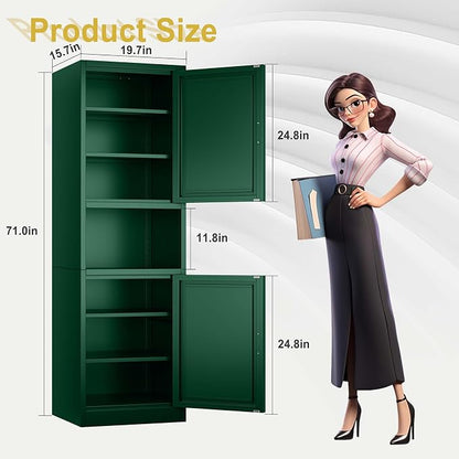 pozdeg 67" Tall Narrow Storage Cabinet, Metal Bathroom Cabinet with 2 Doors & 4 Adjustable Shelves, Freestanding Slim Pantry Organizer for Bathroom Kitchen Living Room (Green)