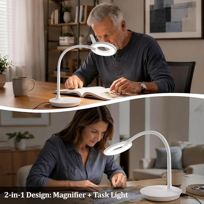 Magnifier Desk Lamp, Flexible Gooseneck, 2-in-1 Magnifying Glass 3X+6X Led Work Light for Elderly Reading, 3 Dimmable Office Magnifying Lamp, Hands Free Mag Desk Lamp for Crafts Sewing Needlepoint