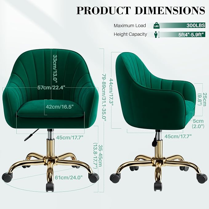Vanity Chair with Wheels, Comfy Home Office Desk Chairs Adjustable Modern Velvet Makeup Vanity Chairs for Bedroom Living Room-Green