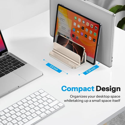 OMOTON Vertical Laptop Stand [Updated 3-Slots Version], Desktop Aluminum Mac Book Stand with Adjustable Dock Size, Fits All Mac Book, Chrome Book and Gaming Laptops (Up to 17.3 inch), Starlight