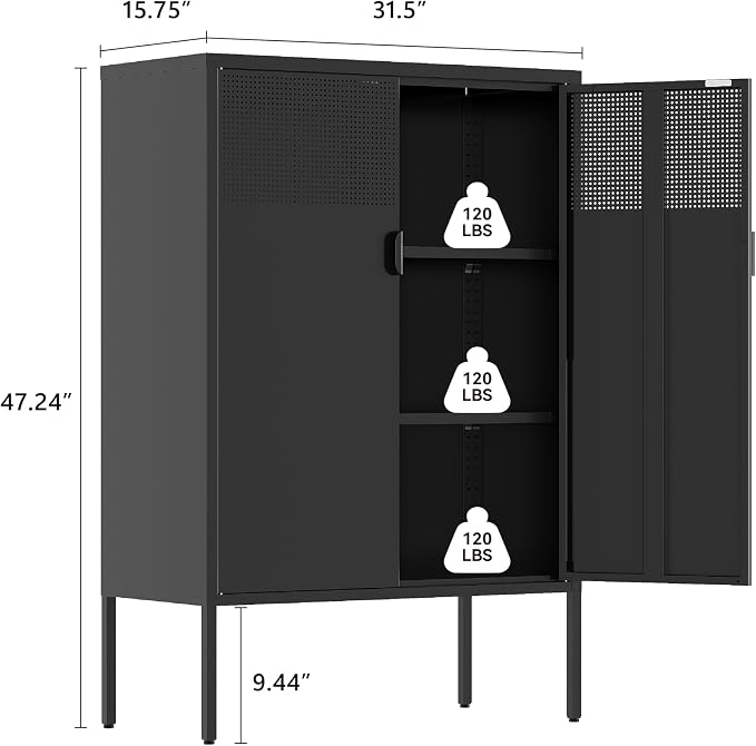 Black Metal Storage Cabinet,2 Door TV Stand, Metal Mesh Accent Cabinet,Magnetic Door Closure,Low Storage Cabinets with Doors and Shelf for Home,Office,Living Room