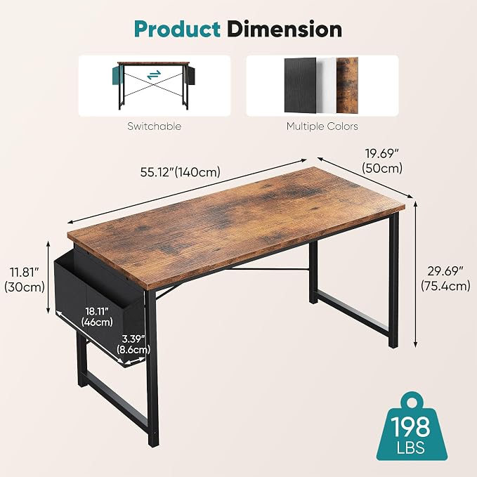 OLIXIS 55 Inch Computer Desk for Home Office, Writing Study Craft Gaming Table, Modern Computer Workstation with Storage Bag and Headphone Hook for Bedroom Small Spaces, Rustic Brown
