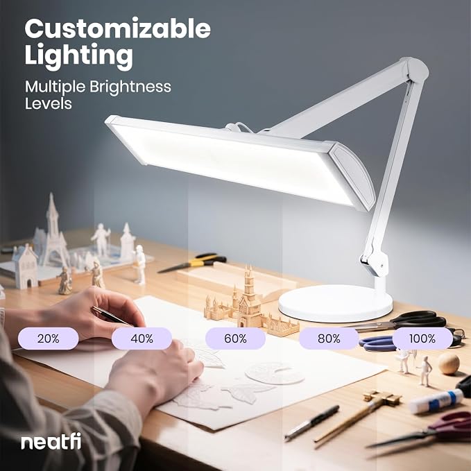 Neatfi Ultra 3,500 Lumens LED Desk Lamp with Base– 45W, 270 SMD LEDs, Shadow-Free | Adjustable Brightness | Non-Flickering Task Light for Nail, Craft & Office (White-3, 26-Inch Wide Shade)