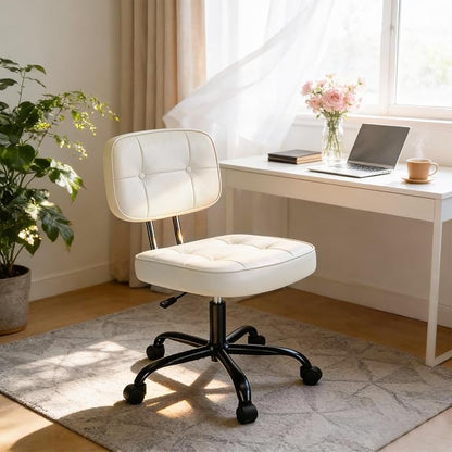 DUMOS Home Office Desk Chair - Ergonomic Armless PU Leather Computer Rolling Task Chair，with Comfy Lumbar Support and Height Adjustable, Vanity, Bedroom, Living Room, Beige