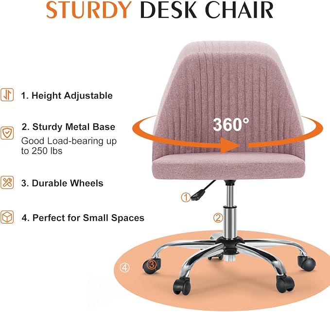 Sweetcrispy Armless Vanity Chair, Cute Comfy Home Office Desk Chair with Wheels, Modern Upholstered Task Computer Seat for Bedroom, Study, Makeup Vanity, Height Adjustable & Swivel Fit, Pink