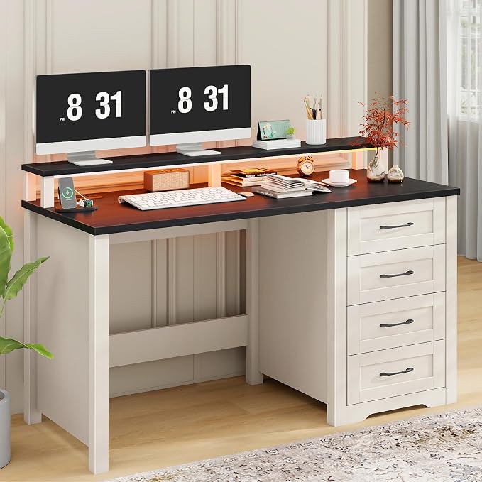 Vabches 47" Farmhouse Executive Desk with Monitor Stand and LED Lights,4 Drawers Computer Desk with Power Outlets,Large Workspace for Work Study Writing, (Black)