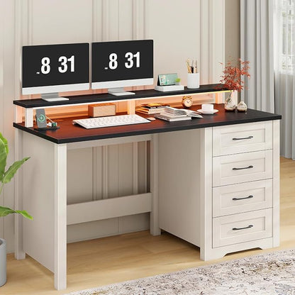 Vabches 47" Farmhouse Executive Desk with Monitor Stand and LED Lights,4 Drawers Computer Desk with Power Outlets,Large Workspace for Work Study Writing, (Black)