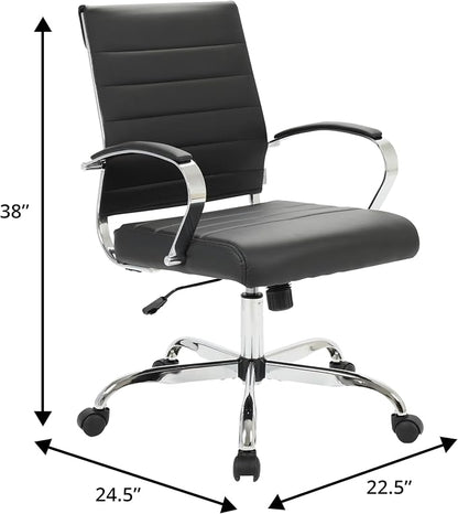 LeisureMod Benmar Leather Office Desk Chair, Mid-Back Ergonomic Swivel Chair with Lumbar Support, Adjustable Height, Tilt Lock, Cushioned Seat & Back, Home Office Task Chair (Black, Single)