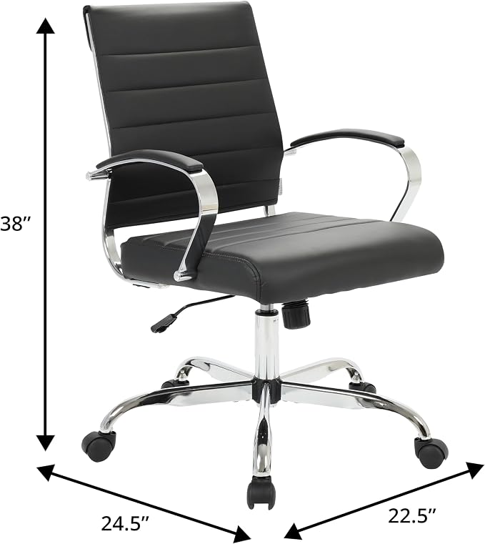 LeisureMod Benmar Leather Office Desk Chair, Mid-Back Ergonomic Swivel Chair with Lumbar Support, Adjustable Height, Tilt Lock, Cushioned Seat & Back, Home Office Task Chair (Black, Set of 2)