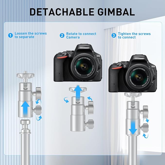 Ailight TS50 Camera Stand, 12.6 to 53.1 in Height, Universal 1/4" to 3/8" Screw Adapter with Swivel 360° Panoramic Ball Head, Light Stand Desk and Floor Mount for DSLR Cameras, Photograph Lights