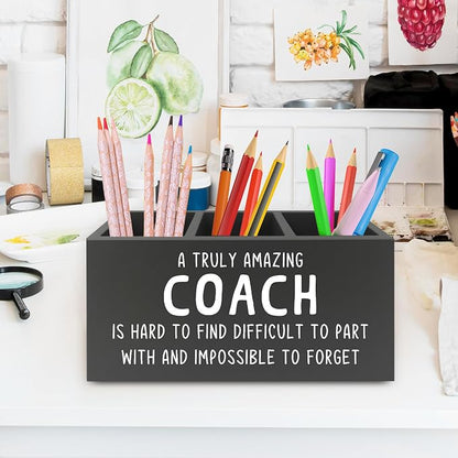 Coach Gifts Pen Pencil Holder Organizer for Desk, Best Coach Gift, Thank You Appreciation Gifts for Coaches Women Men Wooden Box Sign for Home Office Workplace Desk Tabletop Decorations