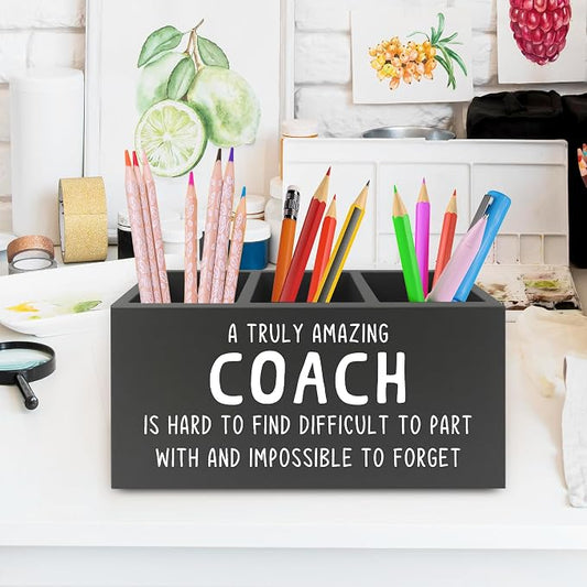 Coach Gifts Pen Pencil Holder Organizer for Desk, Best Coach Gift, Thank You Appreciation Gifts for Coaches Women Men Wooden Box Sign for Home Office Workplace Desk Tabletop Decorations