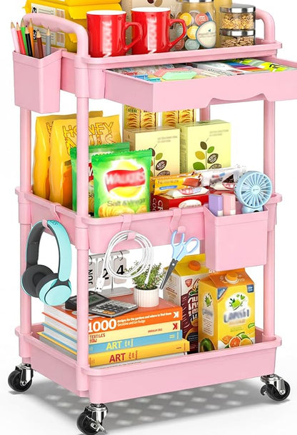 SUNALLY 3 Tier Rolling Cart with Drawer, Bathroom Storage Organizer with 2 Lockable Wheels, Multifunctional Rolling Storage Cart for Bathroom, Kitchen, Office, Craft, Makeup, Baby Essentials, Pink
