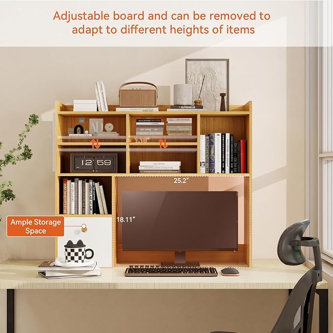 ELECWISH Desktop Bookshelf, Desk Shelf with 2 Drawers for Computer Desk, 36.22" 7-Tier Adjustable Desktop Hutch Organizer with Pegboard for Home Office, Oak