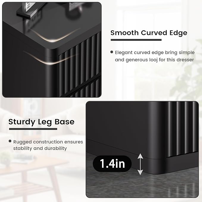 Black Nightstand Set 2, Bedside Table with 3 Drawers Storage, Curved Profile Fluted Night Stand for Bedroom, Wooden Side Tables Living Room, 24.8” Wide End Table for Sofa Couch, Handleless Design