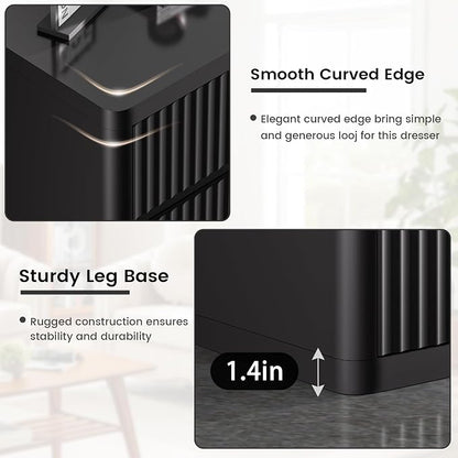3 Drawer Nightstand, Black Night Stand with Large Storage, Fluted Nightstand for Bedroom, Mid Century Modern End Table Side Table for Living Room Sofa Couch Home Office, Bedside Table 26 Inch Tall