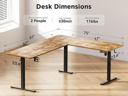 WALKINGDESK 75x61 Inches Reversible L Shaped Standing Desk Height Adjustable with Cup Holder, Electric Corner Computer Workstation for Home Office, Ergonomic Sit Stand up Gaming Desk, Rustic Brown