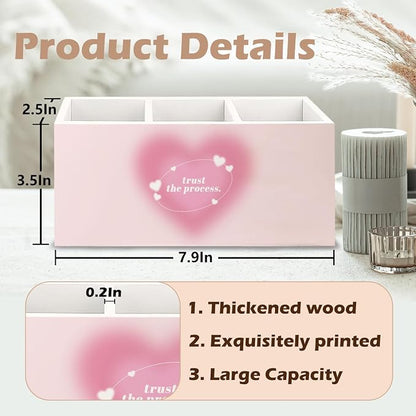 Preppy Pink Heart Aura Inspirational Wooden Pen Pencil Holder for Office Desk Accessories, Trust the Process Spiritual Positive Makeup Brush Toothbrush Holder Organizer