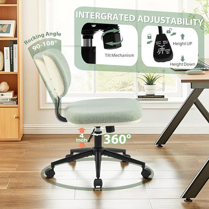 Armless 20" Wide Office Desk Chair, Comfy Desk Chair with Wheels Adjustable Height Swivel Rolling Chairs for Small Space Home Office Bedroom Study Vanity, Sherpa Mint-Green/PU