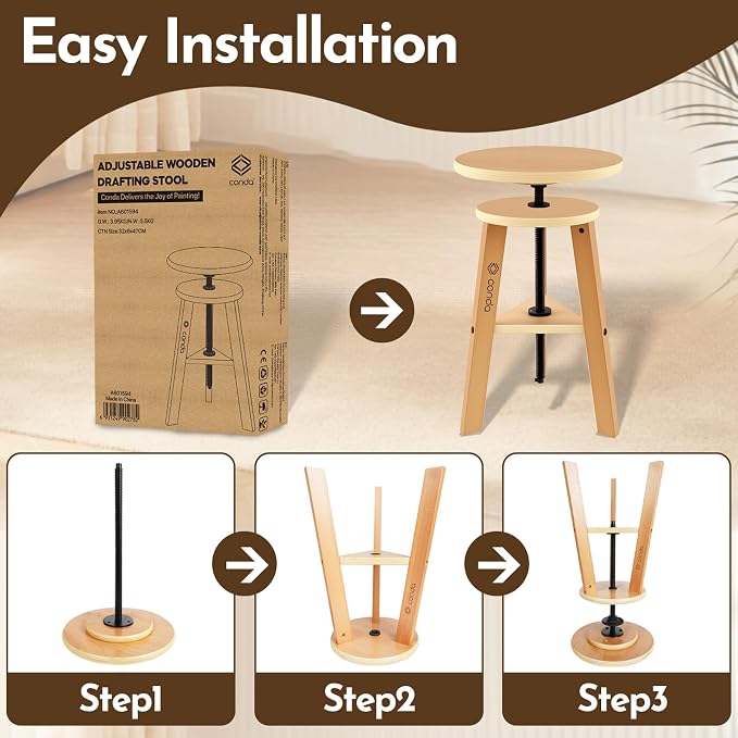 conda Adjustable Height Wooden Drafting Stool 20" to 25", Beech Wood Artist Stool for Drafting, Painting, Office, Studio, Kitchen, Bar, and Home Use