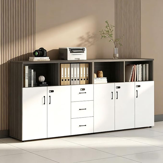 File Cabinet with Password Lock, Wood Lateral Filing Cabinet for Letter/A4 Files, 3 Drawer with Door, Printer Stand with Open Shelves for Home Office