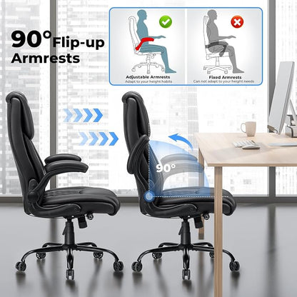 VANSPACE Executive Office Chair Big and Tall 450lbs Heavy Duty Desk Chairs with Adjustable Lumbar Support High Back Home Computer Leather Chair with Flip-up Armrests for Heavy People,Black