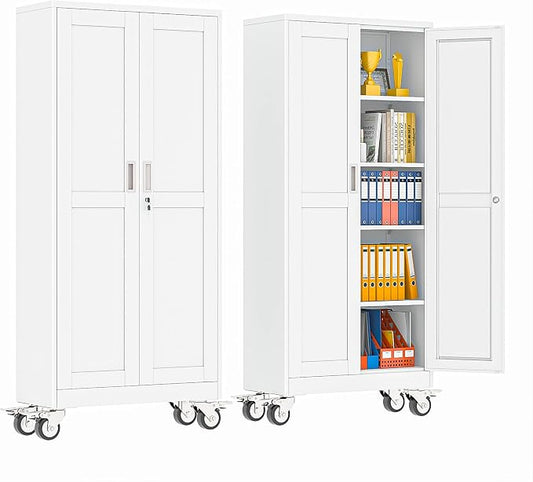 pozdeg 71" Metal Garage Storage Cabinets with Wheels, Lockable Rolling File Cabinets with 2 Doors and 4 Adjustable Shelves, Steel Tool Organizer Locker for Office Home Garage Gym School, White
