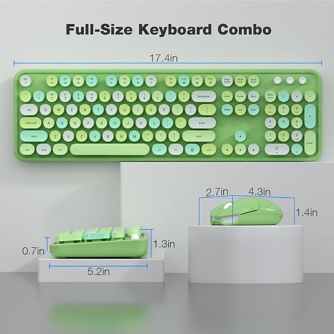 Dilter Wireless Keyboard and Mouse Combo, 104 Keys Full-Sized 2.4 GHz Round Keycap Colorful Keyboards, USB Receiver Plug and Play, for Windows, PC, Laptop, Desktop (Green Colorful)