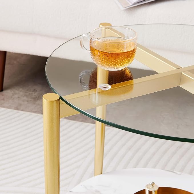LumFurn Round Glass End Table, Mid-Century Modern Design Sofa Table for Living Room, D18 x H23 in, 2-Tier Structure, Clear Glass Top and White Marble Shelf, Sleek Conical Legs with Gold Finish Frame