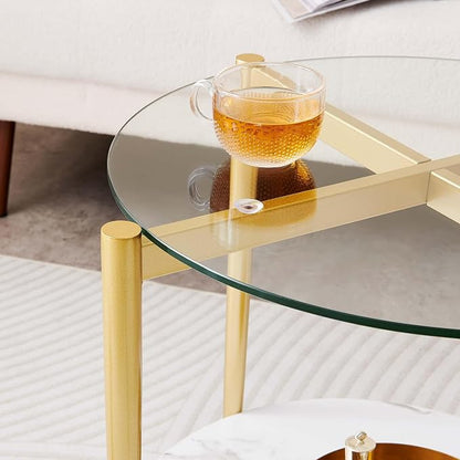 LumFurn Round Glass End Table, Mid-Century Modern Design Sofa Table for Living Room, D18 x H23 in, 2-Tier Structure, Clear Glass Top and White Marble Shelf, Sleek Conical Legs with Gold Finish Frame