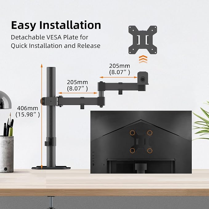 Bracwiser Monitor Mount Single Fully Adjustable Arm Fits One Screen 13-32 inch 22lbs for Monitor Computer Screen 13 15 17 19 20 22 23 24 26 27 30 32 inch VESA 75 100 (MD7421)