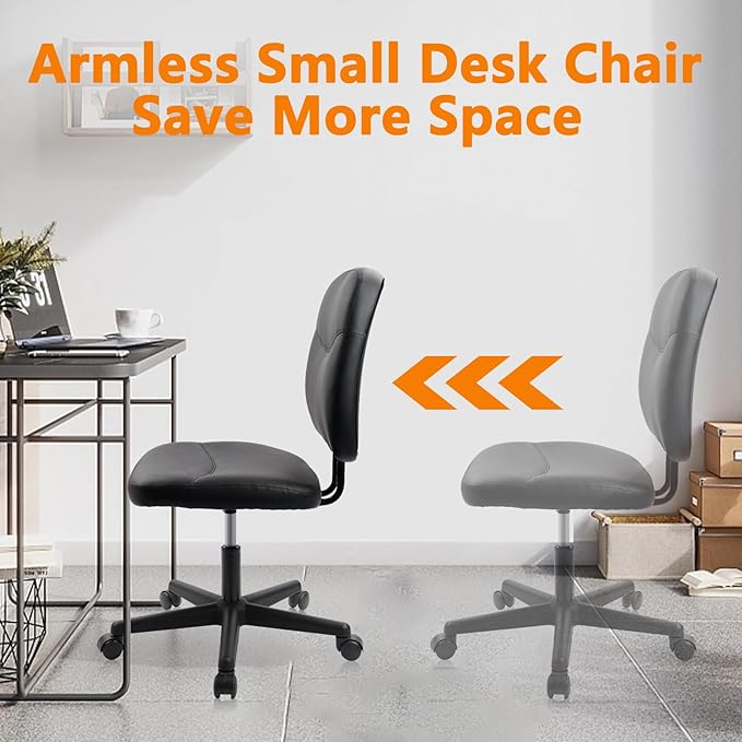 CLATINA Armless Home Office Chair,Small PU Leather Ergonomic Low Back Desk Chair with Lumbar Support and Wheels, Adjustable Height 360° Swivel Rolling Computer Task Chair, Black, 4 Pack