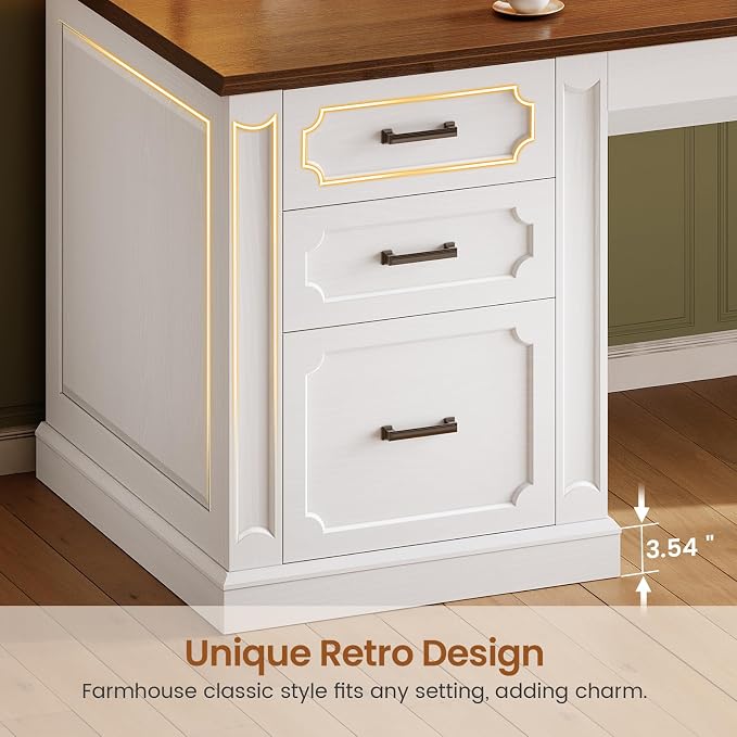 SEDETA 67" Farmhouse L Shaped Desk with Hutch, Executive Home Office Desks with 4 Drawers & Storage Cabinet, Corner Computer Desk with Sliding Doors, File Drawer & Power Outlet, White+Brown