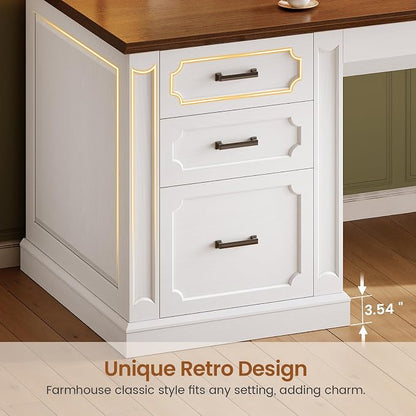 SEDETA 67" Farmhouse L Shaped Desk with Hutch, Executive Home Office Desks with 4 Drawers & Storage Cabinet, Corner Computer Desk with Sliding Doors, File Drawer & Power Outlet, White+Brown