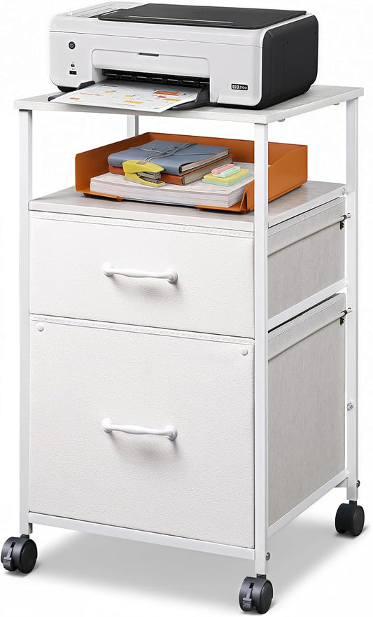 DEVAISE 2 Drawer Fabric Vertical Filing Cabinet, Rolling Printer Stand, White