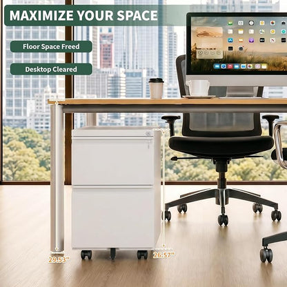 2 Drawer File Cabinet with Lock,Under Desk Filing Cabinet for Home Office Storage Letter/Legal/A4,Mobile Steel Cabinets with Wheels,Fully Assembled,White