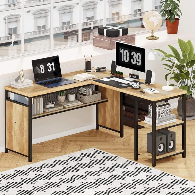 FATORRI L Shaped Computer Desk with Wood Shelves, Industrial Rustic Home Office Corner Desk with Metal Legs (Rustic Oak, 59 Inch)